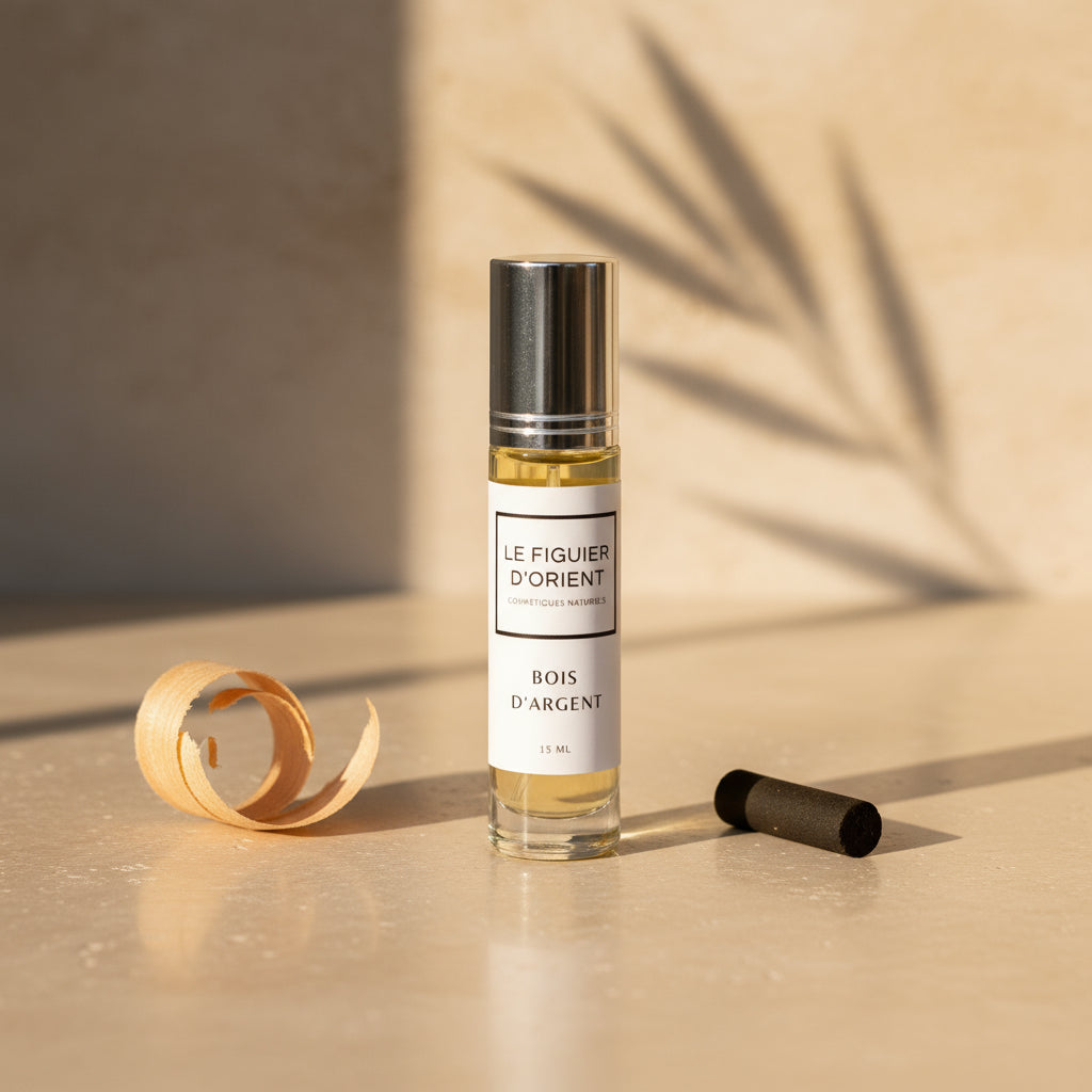 Flacon du parfum Bois d’Argent de la marque Le Figuier d’Orient, parfum naturel à l’iris, à l’encens et au bois précieux. Fragrance élégante, apaisante et intemporelle.