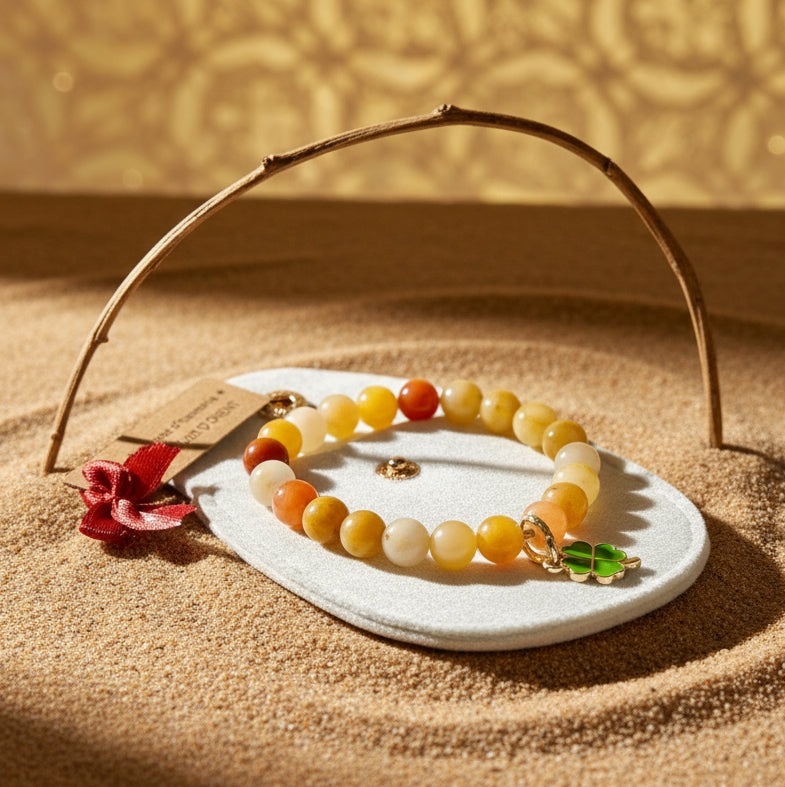 Bracelet d’harmonie en perles naturelles d’agate jaune, orné d’un bijou porte-bonheur et présenté dans une trousse en velours beige, création Le Figuier d’Orient.