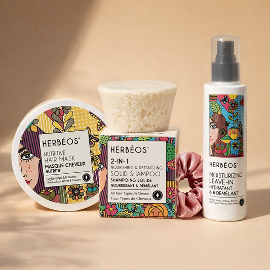 Rituel soins cheveux naturels HERBÉOS : masque nourrissant, shampoing solide 2-en-1 et soin leave-in hydratant démêlant avec chouchou