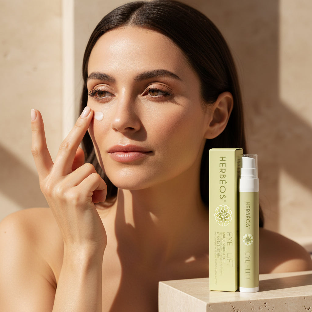 Femme méditerranéenne appliquant un soin contour des yeux naturel 3-en-1 à l’huile de pépins de figue de Barbarie bio, texture crème blanche légère, soin anti-cernes anti-rides anti-poches luxe naturel suisse