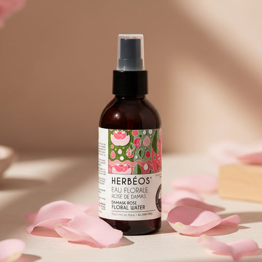 Eau florale naturelle de rose de Damas pour le visage, aux propriétés apaisantes, hydratantes et rafraîchissantes. Tonifiante et anti-âge.