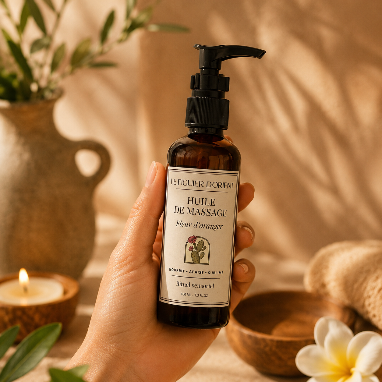 Flacon d'huile de massage Fleur d'Oranger Le Figuier d'Orient tenu en main dans un univers spa raffiné, mettant en valeur son packaging premium et son rituel de bien-être inspiré des traditions orientales.