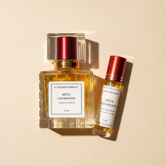 Rêve Gourmand extrait de parfum 30 ml accompagné de son musc concentré 8 ml, rituel layering signature Le Figuier d’Orient.