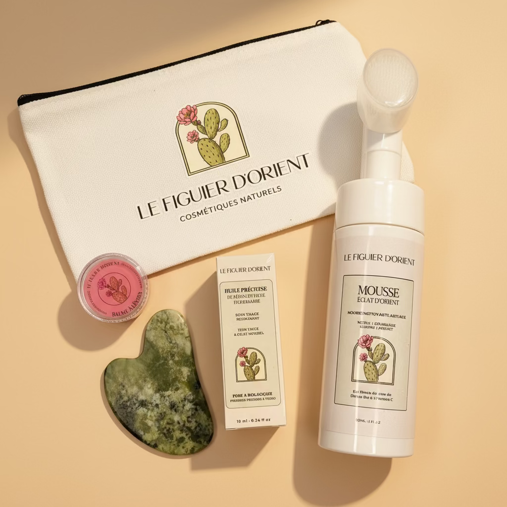 Rituel signature Le Figuier d’Orient avec huile de pépins de figue de barbarie bio, mousse nettoyante éclat, gua sha en jade vert et baume à lèvres naturel