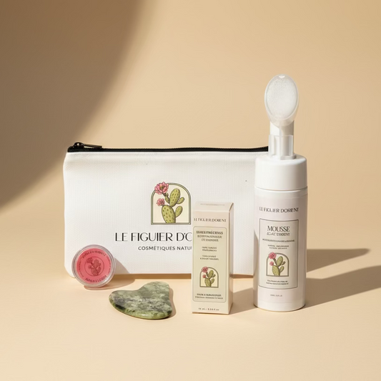 Rituel beauté naturel avec huile de pépins de figue de barbarie bio, mousse nettoyante éclat, gua sha en jade vert et baume à lèvres – Le Figuier d’Orient