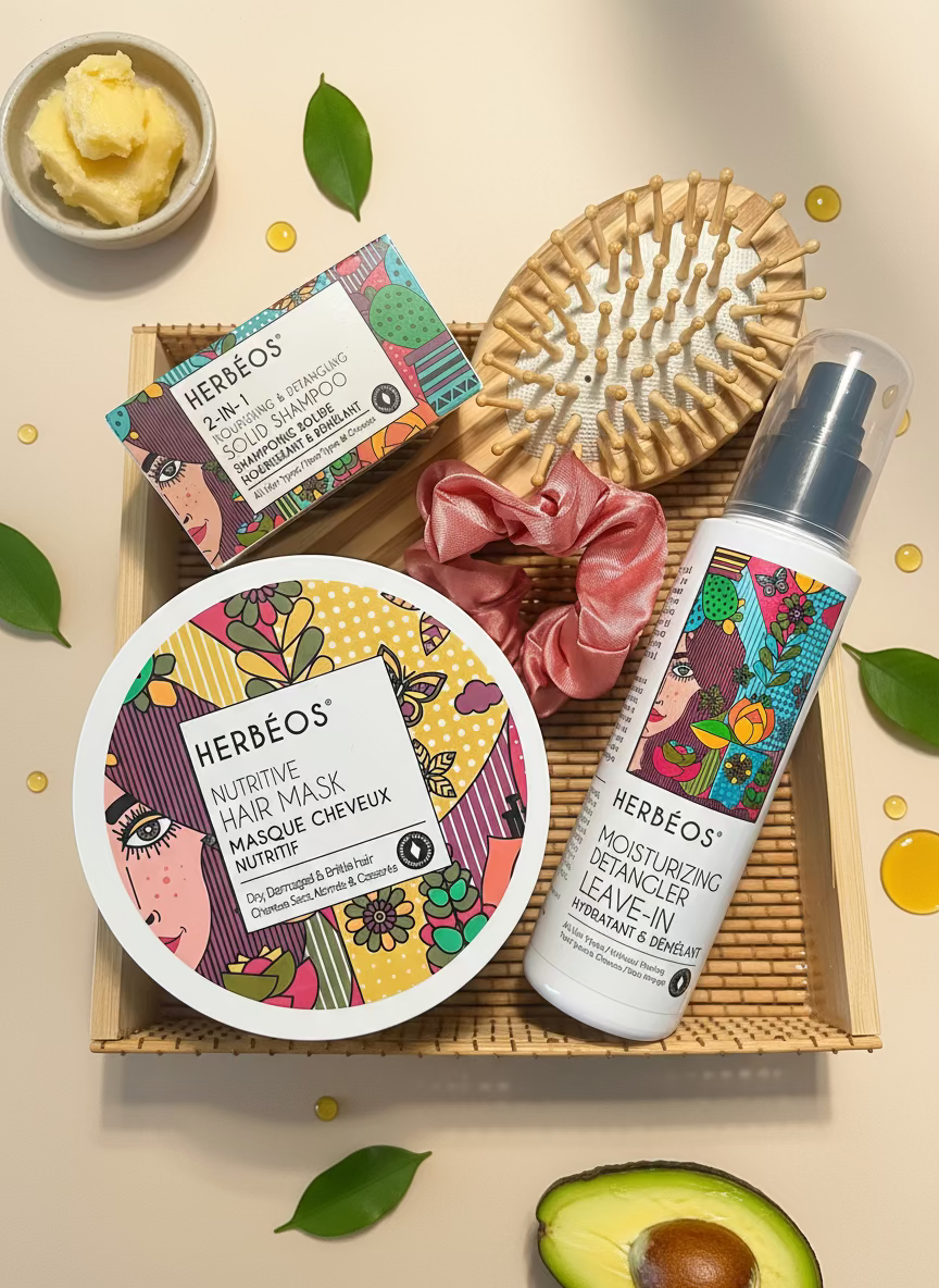 Coffret Boucles Sublimes Le Figuier d’Orient – coffret cadeau ouvert, élégant et naturel, avec soins hydratants pour cheveux bouclés : shampoing solide, masque nourrissant, soin sans rinçage, brosse en bois et chouchou en satin, dans un fond beige doré raffiné.