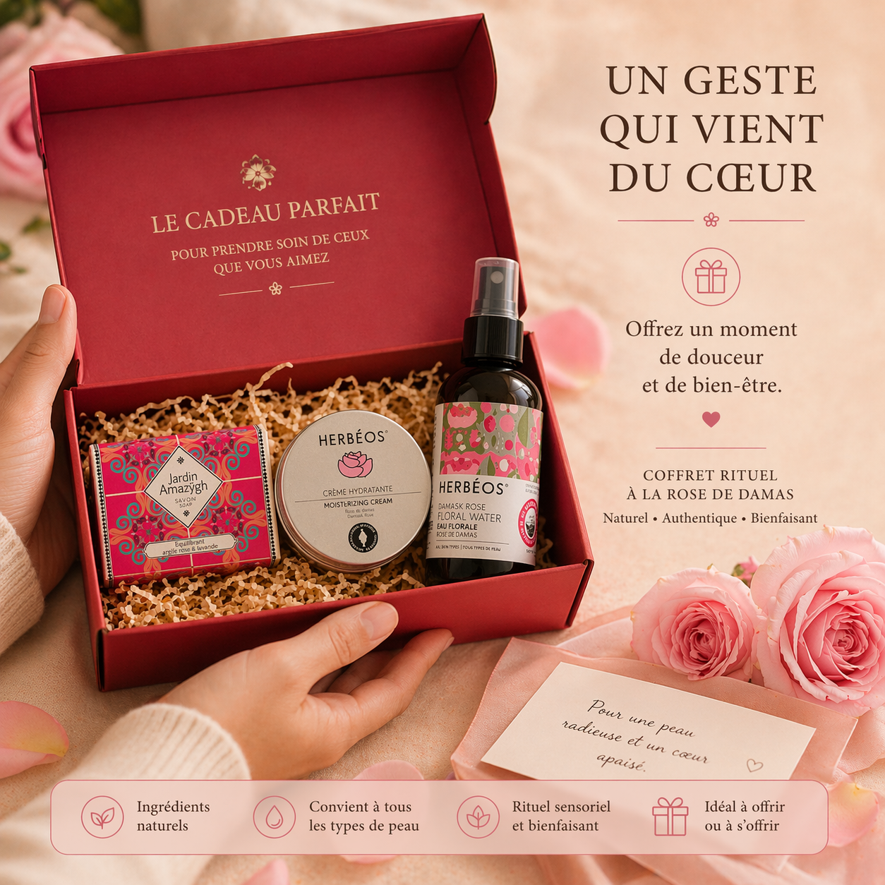 Coffret cadeau soins visage à la rose de damas prêt à offrir pour la fête des mères avec produits naturels Le Figuier d’Orient