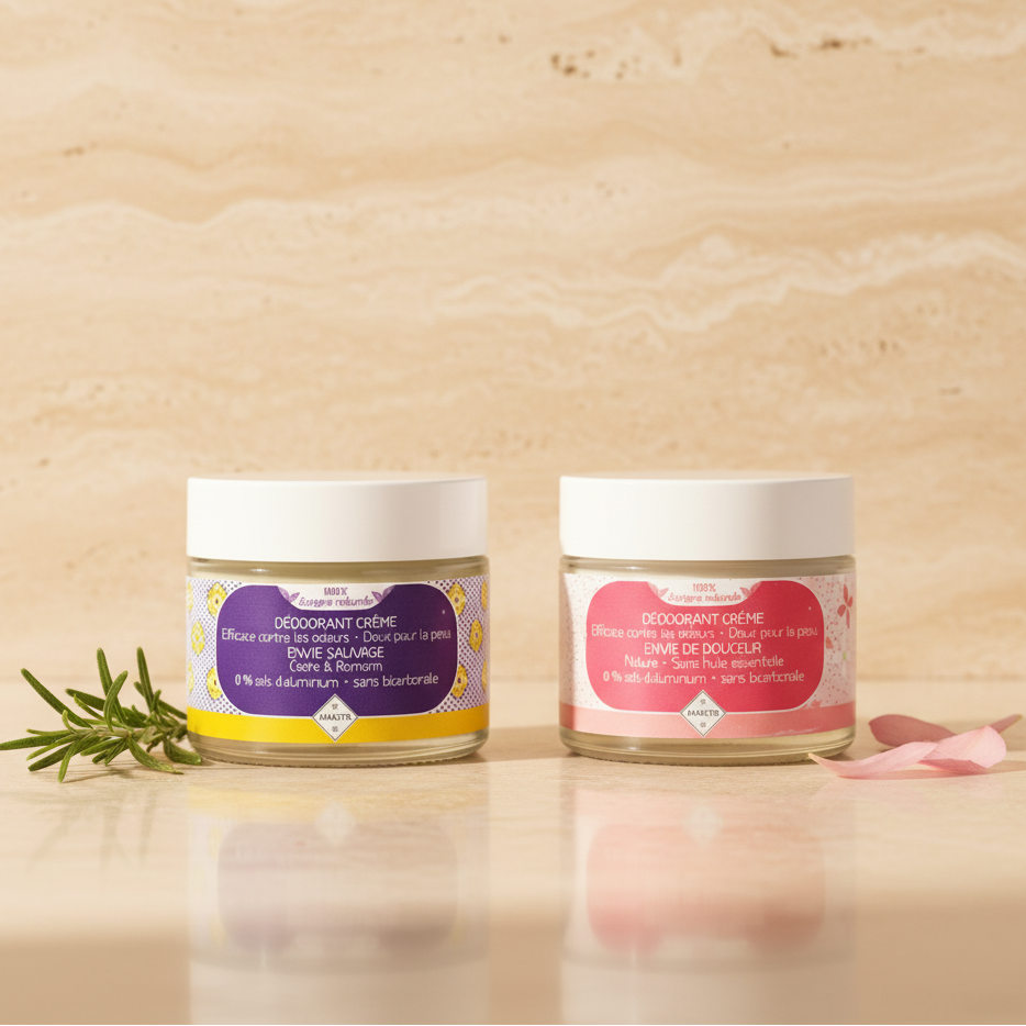 Duo déodorants naturels crème sans aluminium – Cèdre & Romarin et Envie de Douceur – formule douce sans bicarbonate – Le Figuier d’Orient