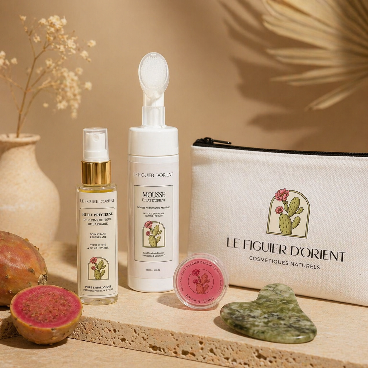 Rituel beauté naturel Le Figuier d’Orient avec huile de pépins de figue de barbarie bio, mousse nettoyante visage, baume à lèvres et gua sha, soins visage premium inspirés des traditions orientales
