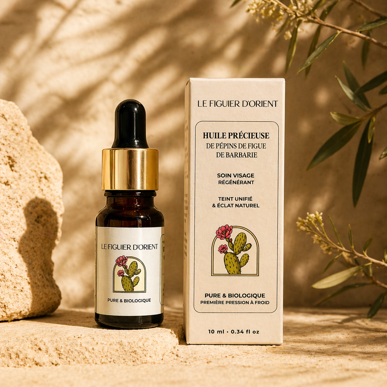 Huile de pépins de figue de barbarie bio Le Figuier d’Orient, soin visage régénérant et éclat naturel avec flacon et packaging premium