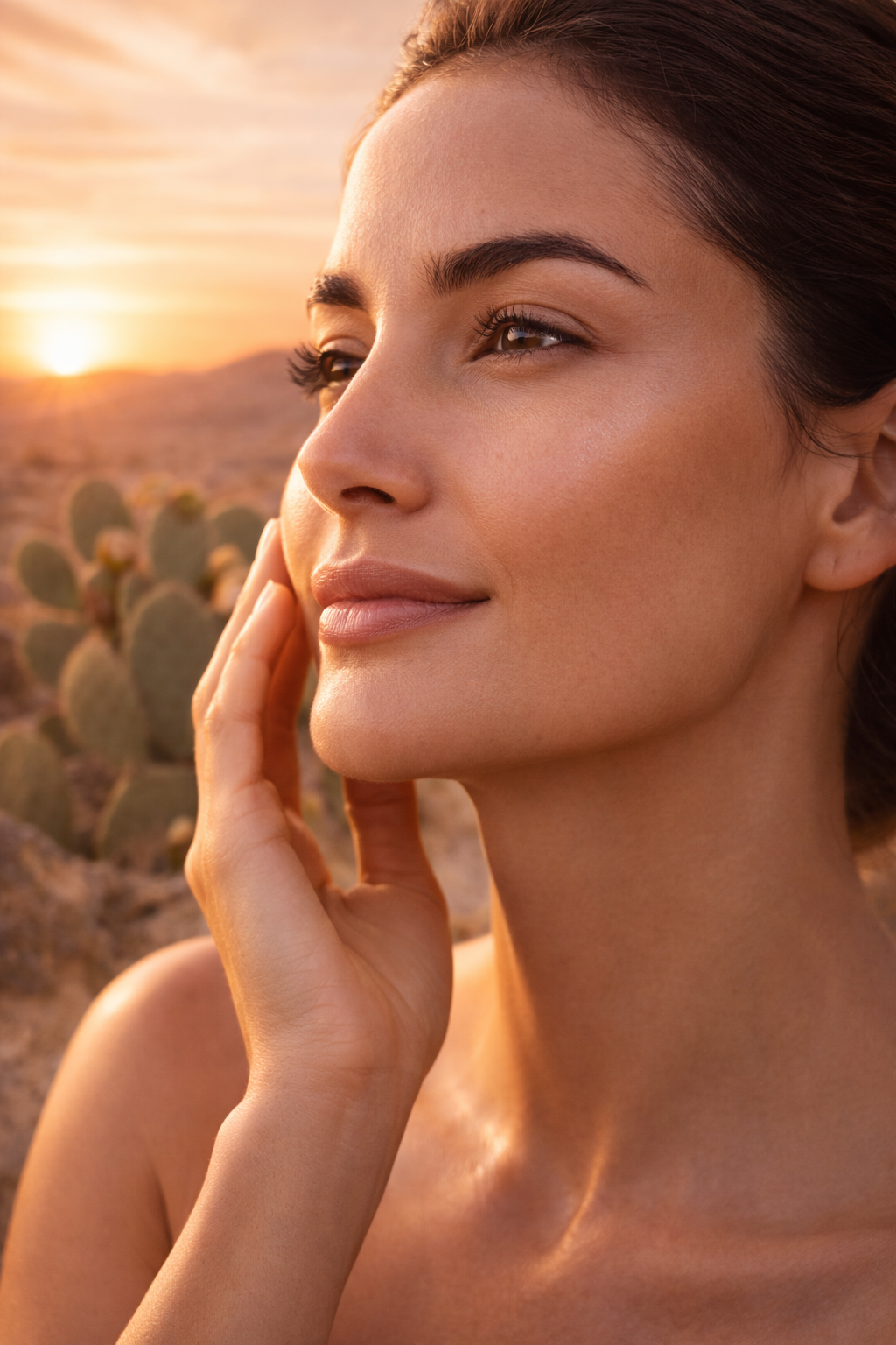 image de femme avec belle peau sur fond désert soleil et cactus Le Figuier d'Orient