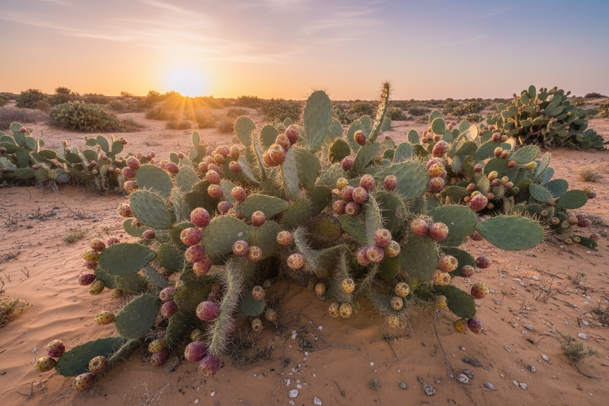 magnifique image des cactus avec les fruits de figue de barbarie visible dans un joli fond de désert nature, les couleurs doivent être douces entre vert, sable, rosé, coucher de soleil, une image très authentique qui représente un paysage de figue de barbarie de tunisie comme une photo prise au naturel
l'image doit être de très haute qualité