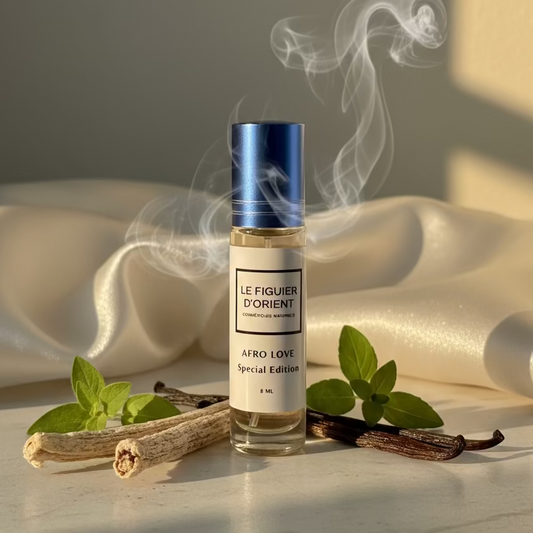 Parfum Afro Love Édition Limitée – extrait de parfum sans alcool du Figuier d’Orient à base de musc blanc, verveine fraîche et vanille, dans un univers élégant, naturel et haut de gamme, symbolisant la fraîcheur, la douceur et la sensualité