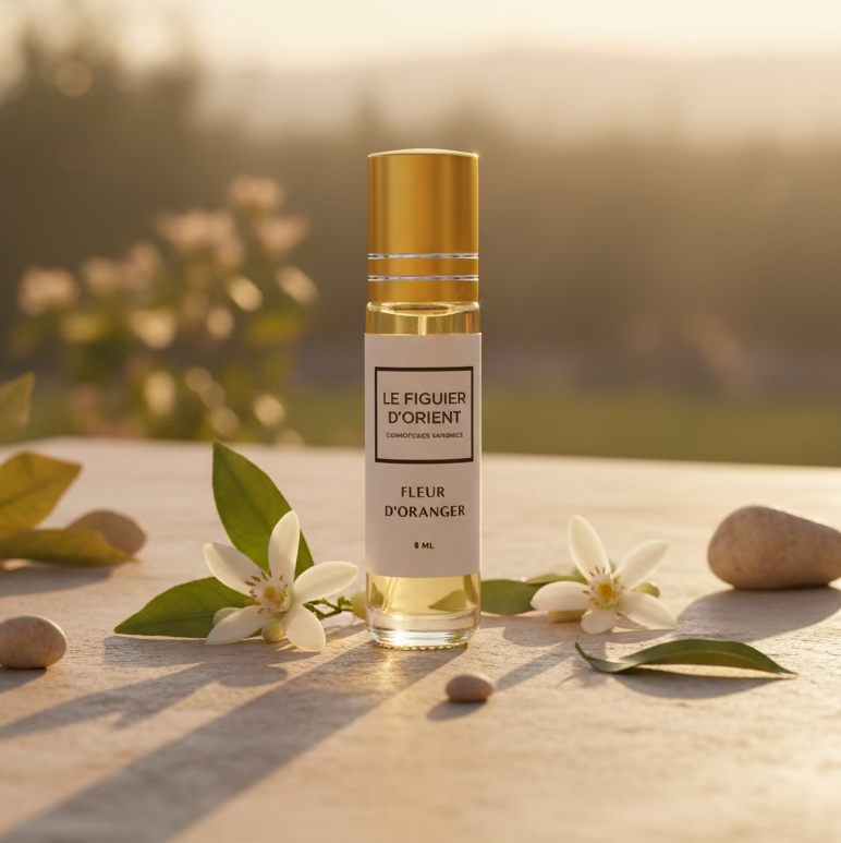 Parfum Fleur d’Oranger du Figuier d’Orient – extrait de parfum sans alcool à la fleur d’oranger, aux vertus apaisantes et relaxantes, dans un univers naturel, élégant et haut de gamme.