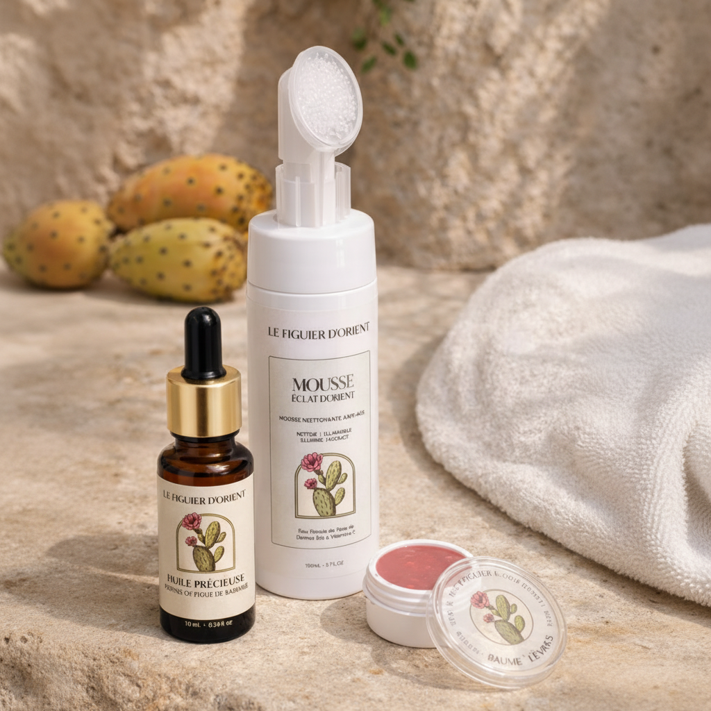 Rituel beauté naturel Le Figuier d’Orient avec huile de pépins de figue de barbarie bio, mousse nettoyante anti-âge et baume à lèvres nourrissant pour une peau éclatante et régénérée