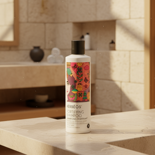 Shampoing naturel fortifiant pour cheveux Le Figuier d’Orient, enrichi en huiles précieuses, présenté dans une salle de bain élégante aux tons chauds et orientaux.