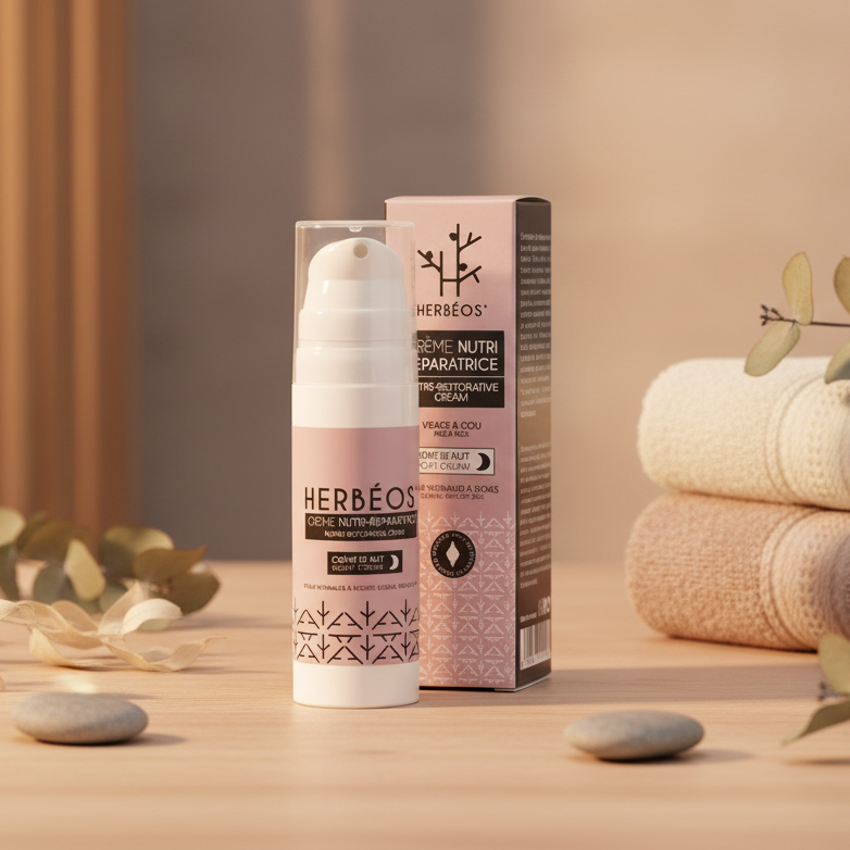 Crème de nuit nutri-réparatrice pour le visage, soin naturel régénérant et nourrissant qui aide la peau à se réparer pendant la nuit.