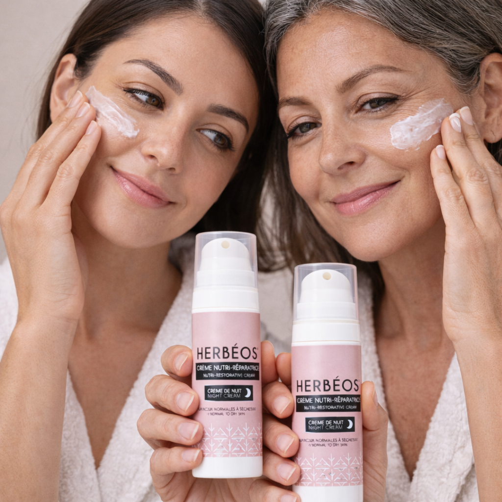 Application d’une crème de nuit nourrissante sur le visage avec la crème nutri réparatrice HERBÉOS pour peau normale à sèche