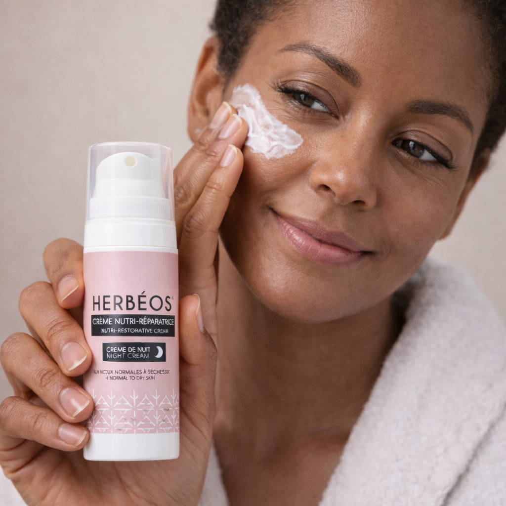 Application d’une crème visage nourrissante avec la crème nutri réparatrice HERBÉOS pour peau normale à sèche