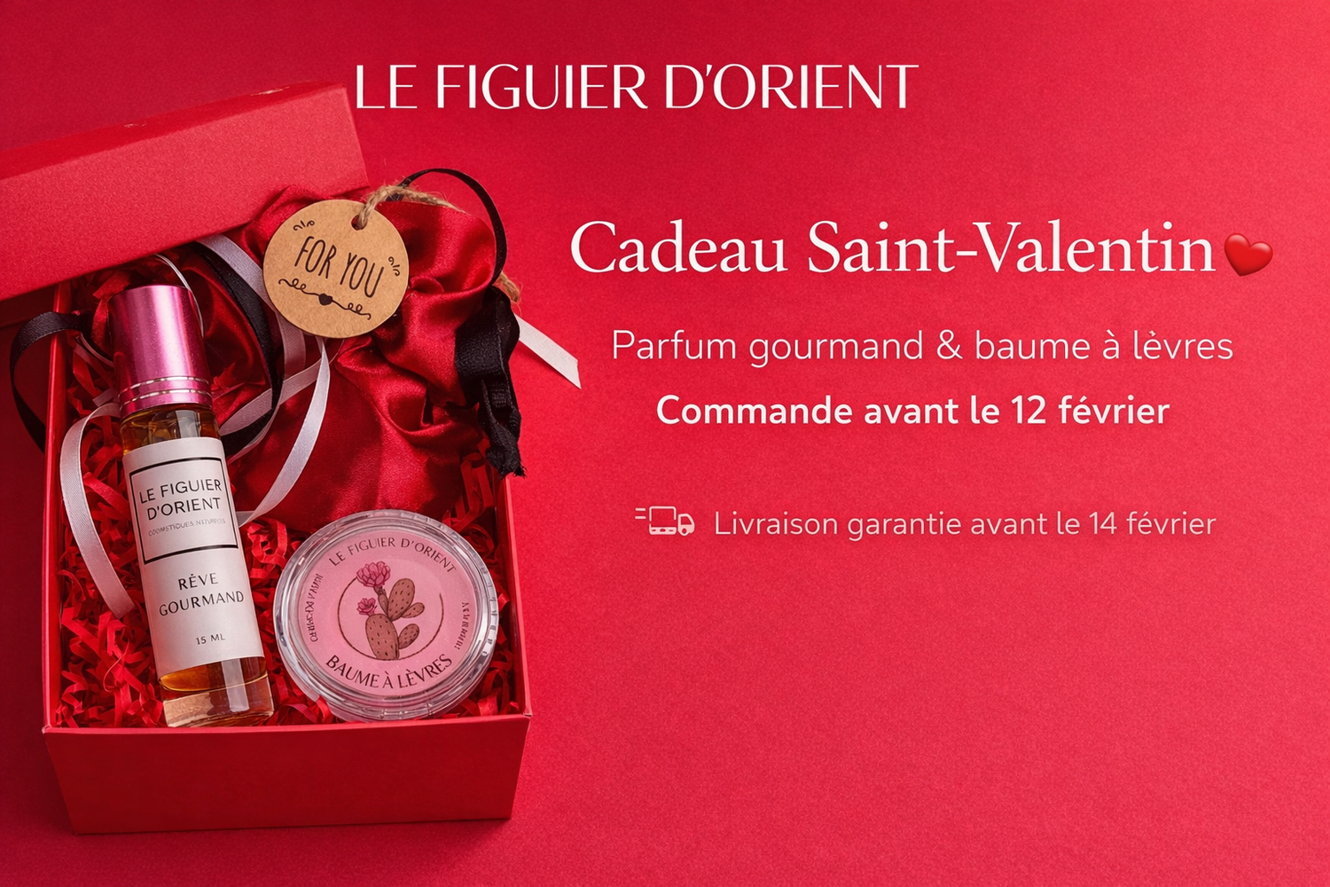 Coffret cadeau Saint-Valentin pour femme, parfum musc gourmand et baume à lèvres naturel, best-seller de Le Figuier d’Orient, cosmétiques naturels et éthiques, cadeau sensoriel haut de gamme qui plaît à coup sûr.
