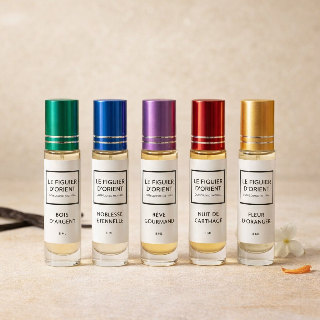 Coffret complet des 5 muscs concentrés Le Figuier d’Orient 8 ml – parfums de niche suisses Bois d’Argent, Noblesse Éternelle, Rêve Gourmand, Nuit de Carthage et Fleur d’Oranger.