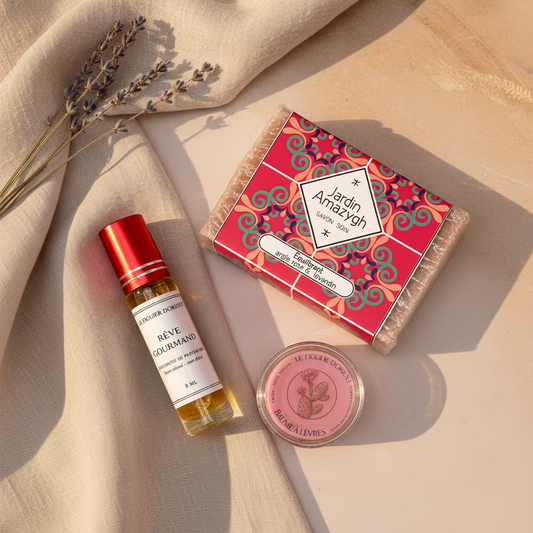 Coffret cadeau fête des mères naturel Le Figuier d’Orient avec musc Rêve Gourmand, savon argile rose et baume à lèvres hydratant
