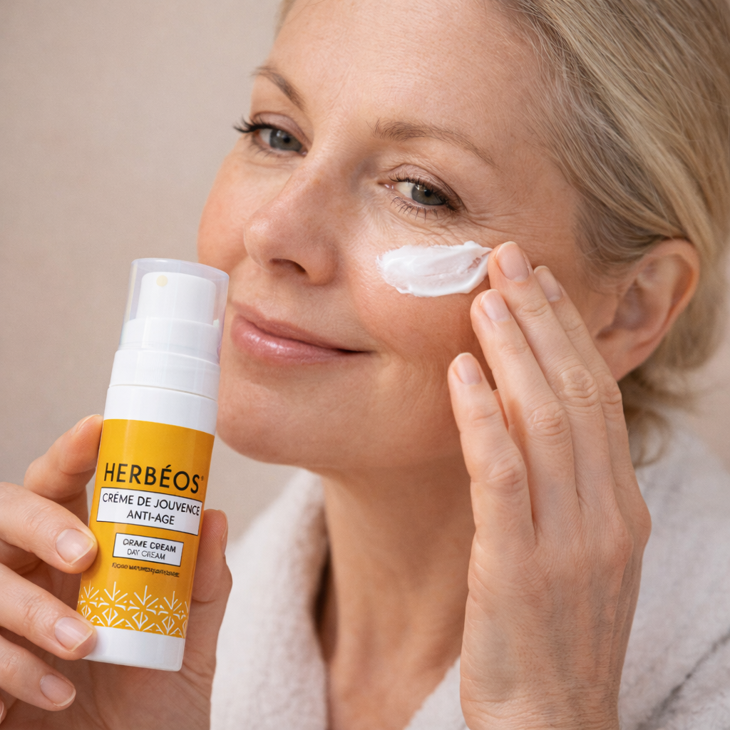Application d’une crème anti-âge naturelle sur le visage d’une femme de 50 ans montrant la texture d’un soin visage anti-âge pour peau mature
