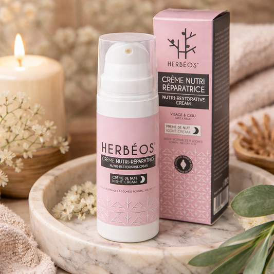 Crème nutri réparatrice HERBÉOS crème de nuit nourrissante visage et cou pour peaux normales à sèches dans une ambiance spa naturelle Le Figuier d'ORient