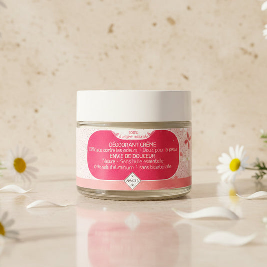 Déodorant naturel crème Envie de Douceur en pot en verre avec couvercle blanc, formule sans huile essentielle, sans bicarbonate et sans sels d’aluminium, idéal pour peaux sensibles, Le Figuier d’Orient.