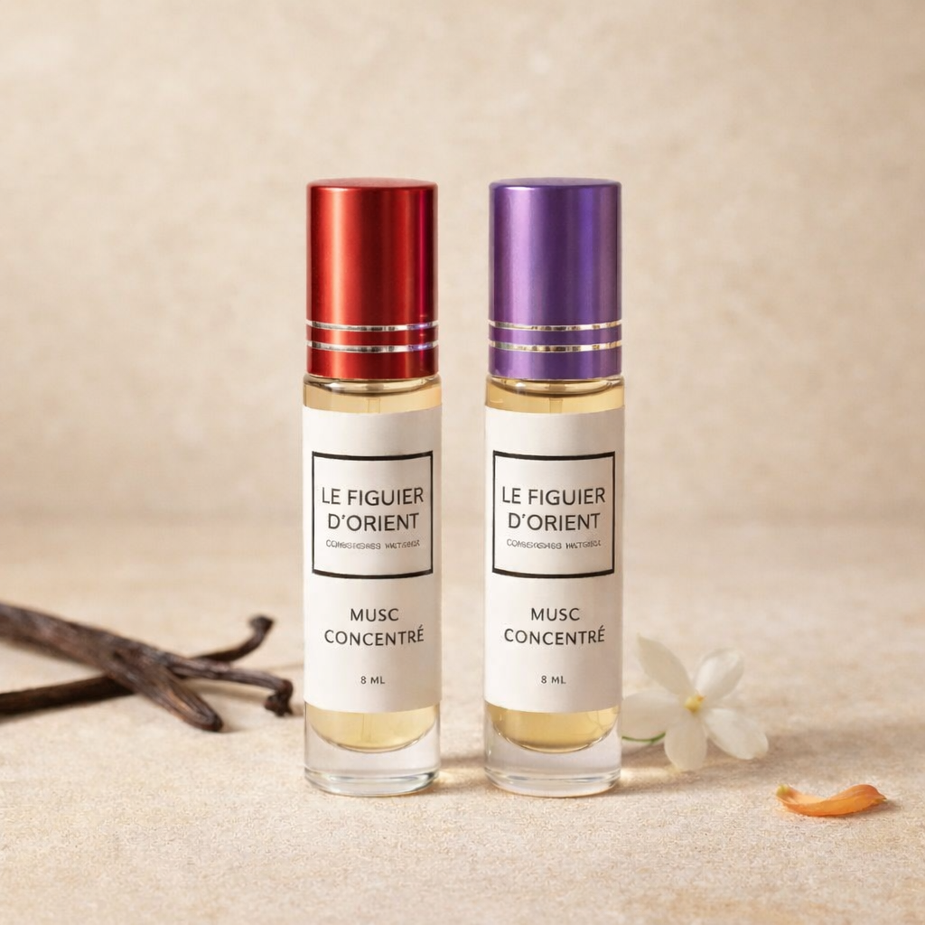 Duo de muscs concentrés 8 ml Le Figuier d’Orient avec bouchons rouge et violet, parfums de niche suisses au format roll-on, senteurs Rêve Gourmand et Nuit de Carthage