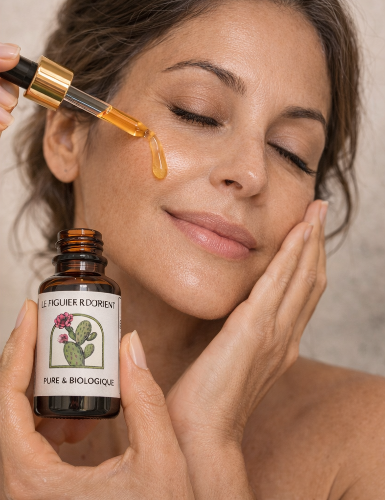 Femme appliquant l’huile précieuse de pépins de figue de barbarie Le Figuier d’Orient, sérum naturel anti-âge pour nourrir et illuminer la peau du visage
