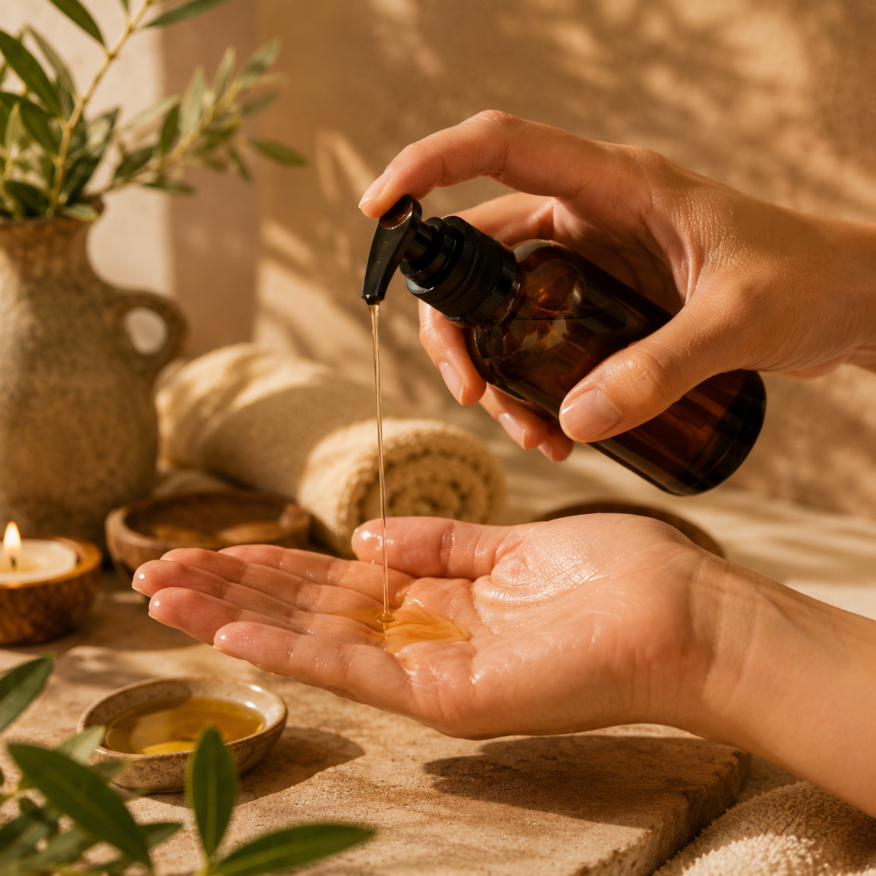 Huile de massage naturelle Le Figuier d'Orient versée dans la paume de la main avant un massage, révélant sa texture soyeuse et son fini nourrissant dans un rituel de bien-être inspiré des traditions orientales.