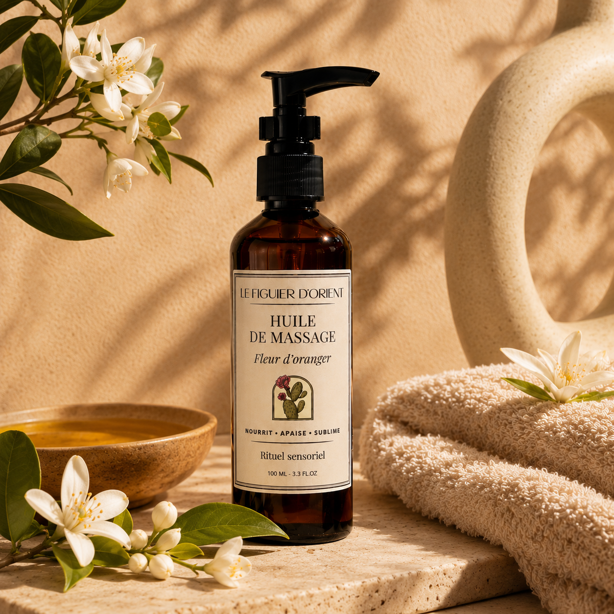 Huile de massage naturelle Fleur d'Oranger Le Figuier d'Orient présentée dans un décor inspiré d'un spa oriental avec fleurs d'oranger, idéale pour nourrir, apaiser et sublimer la peau lors d'un rituel de massage relaxant.
