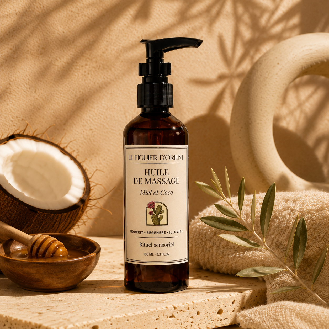 Huile de massage naturelle Miel & Coco Le Figuier d'Orient présentée dans un décor spa avec noix de coco, miel et végétaux, idéale pour nourrir, régénérer et illuminer la peau lors d'un rituel de massage sensoriel.