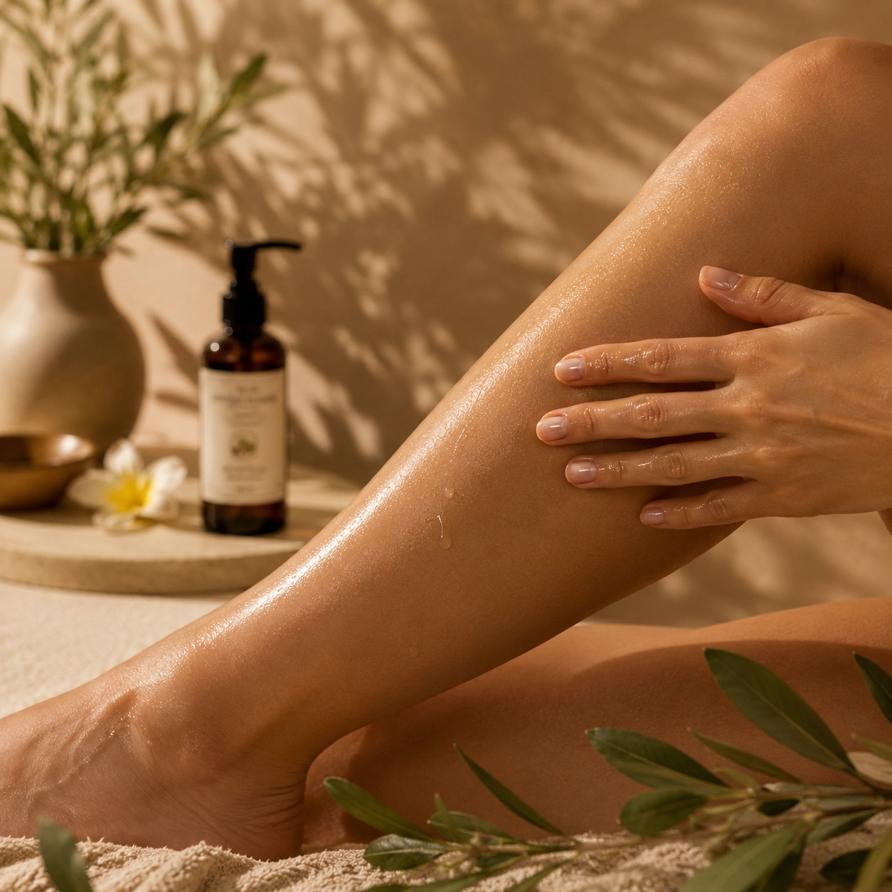 Huile de massage naturelle Le Figuier d'Orient appliquée sur la peau, révélant une texture transparente qui laisse les jambes intensément hydratées, lumineuses et satinées après le massage.
