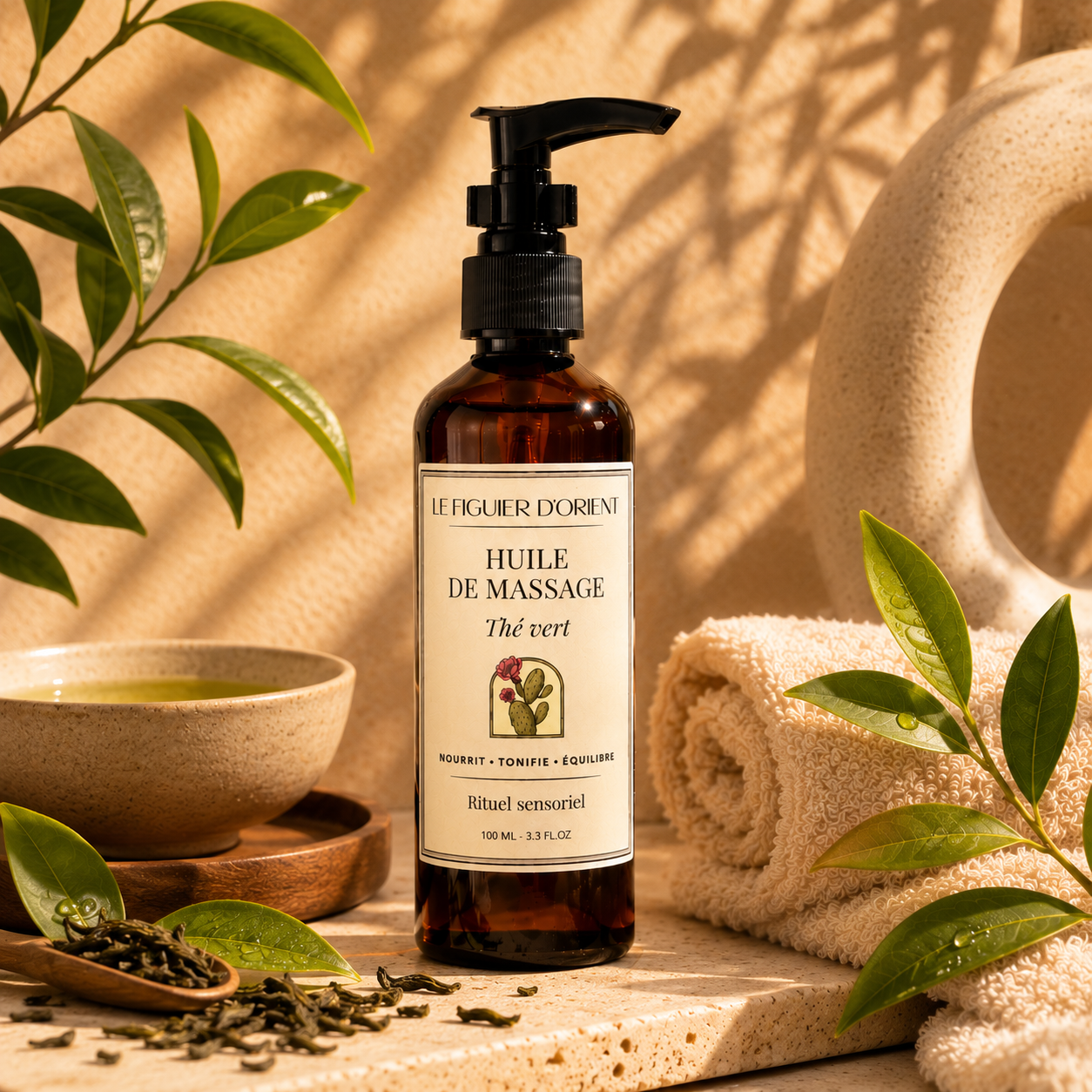 Huile de massage naturelle Thé Vert Le Figuier d'Orient présentée dans un décor spa avec feuilles et infusion de thé vert, idéale pour nourrir, tonifier et rééquilibrer la peau lors d'un rituel de massage relaxant.