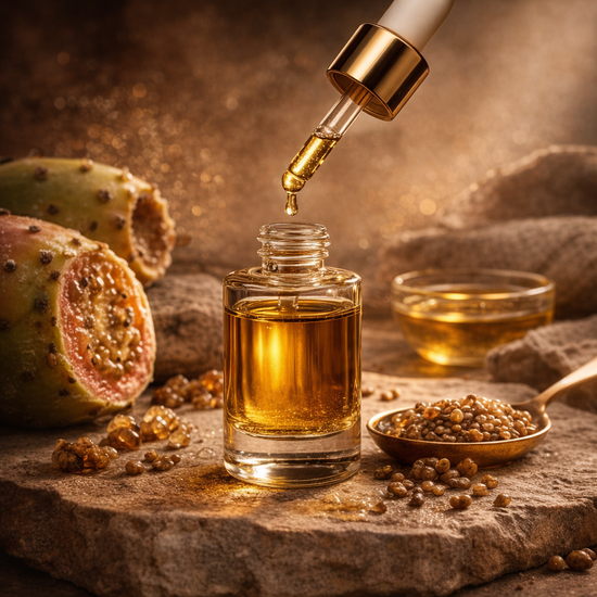 Huile rare de pépins de figue de barbarie bio en flacon avec pipette dorée, entourée de fruits et de graines, soin visage naturel premium Le Figuier d’Orient