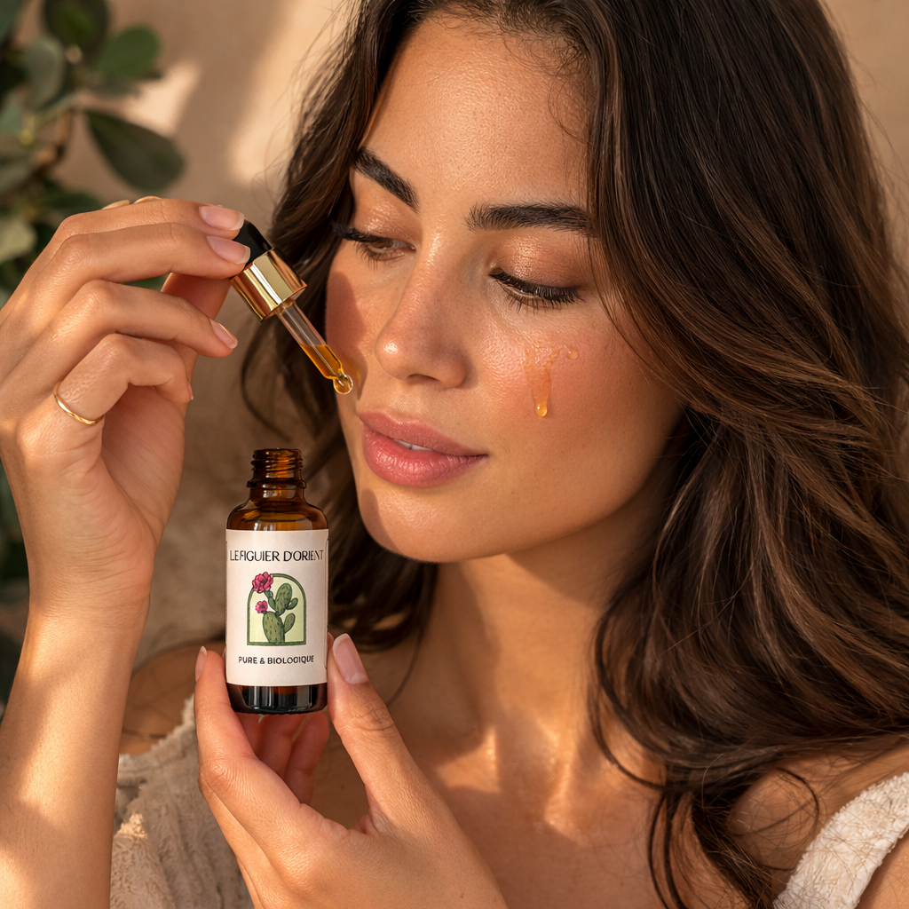 Application d’huile de pépins de figue de barbarie pure et biologique Le Figuier d’Orient sur le visage pour un soin naturel anti-âge et hydratant.