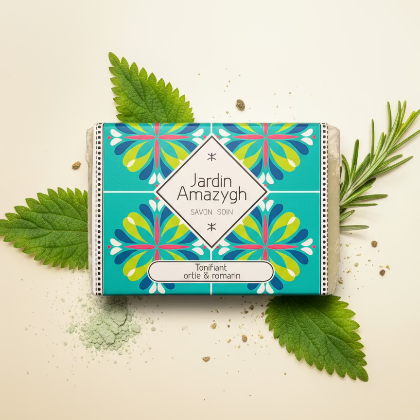 Savon tonifiant naturel à l’ortie et au romarin Le Figuier d’Orient, posé debout sur fond clair. Nettoie, purifie et rafraîchit la peau du visage et du corps.