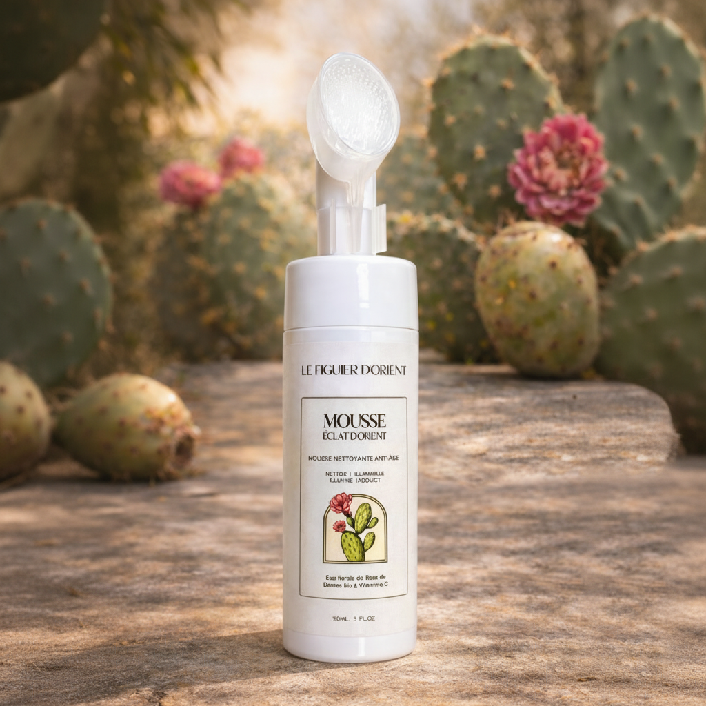 Mousse nettoyante visage anti-âge à la figue de barbarie et rose de Damas Le Figuier d’Orient dans un décor méditerranéen avec cactus