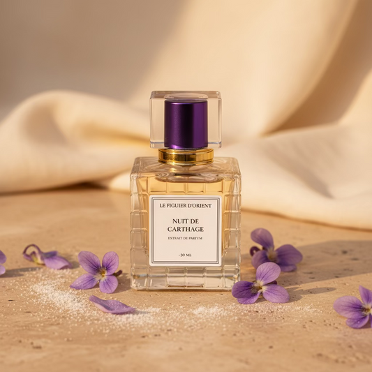 Extrait de parfum Nuit de Carthage 30 ml, parfum de niche suisse à la violette et musc blanc, haute concentration, présenté sur travertin avec fleurs violettes – Le Figuier d’Orient.