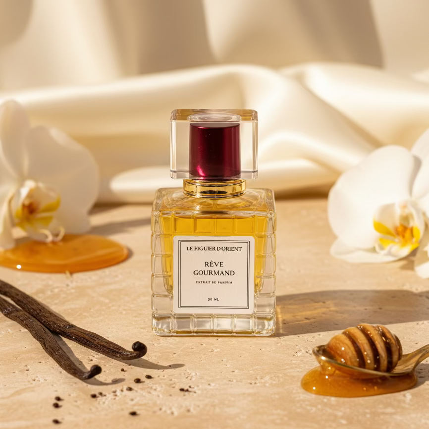 Extrait de parfum Rêve Gourmand 30 ml, parfum de niche suisse à la vanille et musc blanc, haute concentration, présenté sur pierre naturelle avec orchidée et miel – Le Figuier d’Orient.