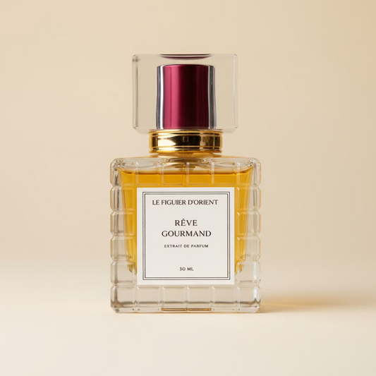 Rêve Gourmand extrait de parfum par Le Figuier d’Orient, parfum gourmand suisse aux notes chaleureuses et tenue exceptionnelle.