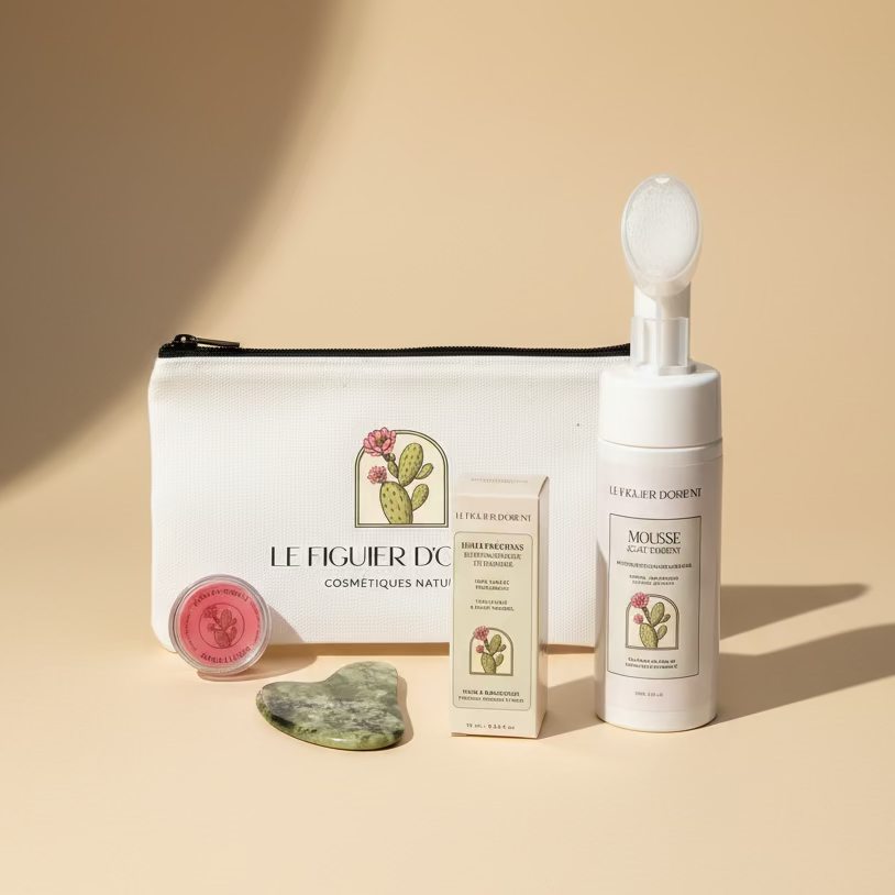 Rituel beauté naturel avec huile de pépins de figue de barbarie bio, mousse nettoyante éclat, gua sha en jade vert et baume à lèvres – Le Figuier d’Orient