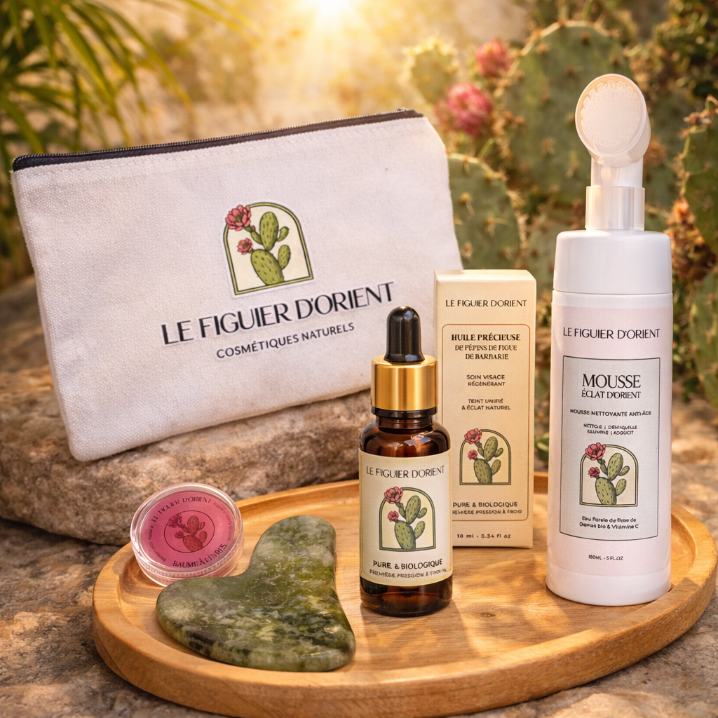 Rituel de soins visage Le Figuier d’Orient avec mousse nettoyante, huile de pépins de figue de barbarie, baume à lèvres et gua sha