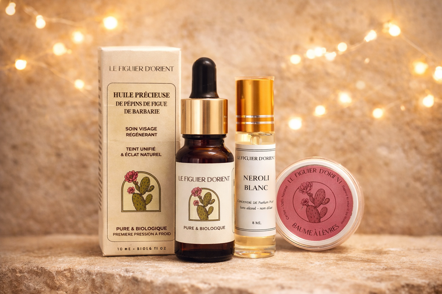 rituel de beauté naturel Le Figuier d’Orient avec huile précieuse de pépins de figue de barbarie, parfum musc et baume à lèvres