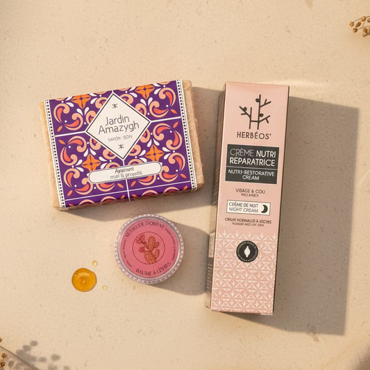 Coffret soin naturel Rituel Douceur du Soir avec crème de nuit figue de barbarie, savon miel et baume à lèvres Le Figuier d’Orient