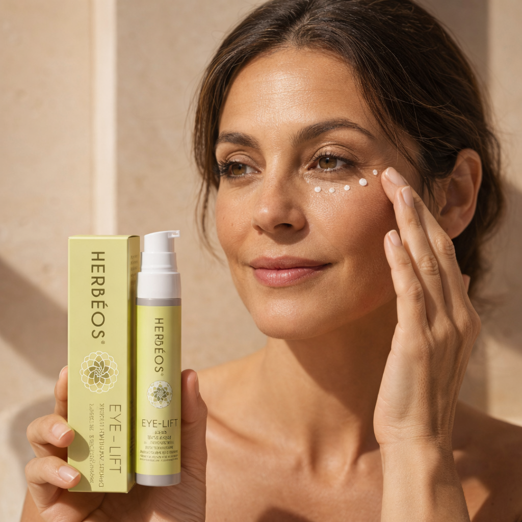 Femme appliquant le sérum contour des yeux Eye-Lift Herbéos avec petits points de crème sous les yeux pour lisser les rides et illuminer le regard – soin anti-âge naturel Le Figuier d’Orient.