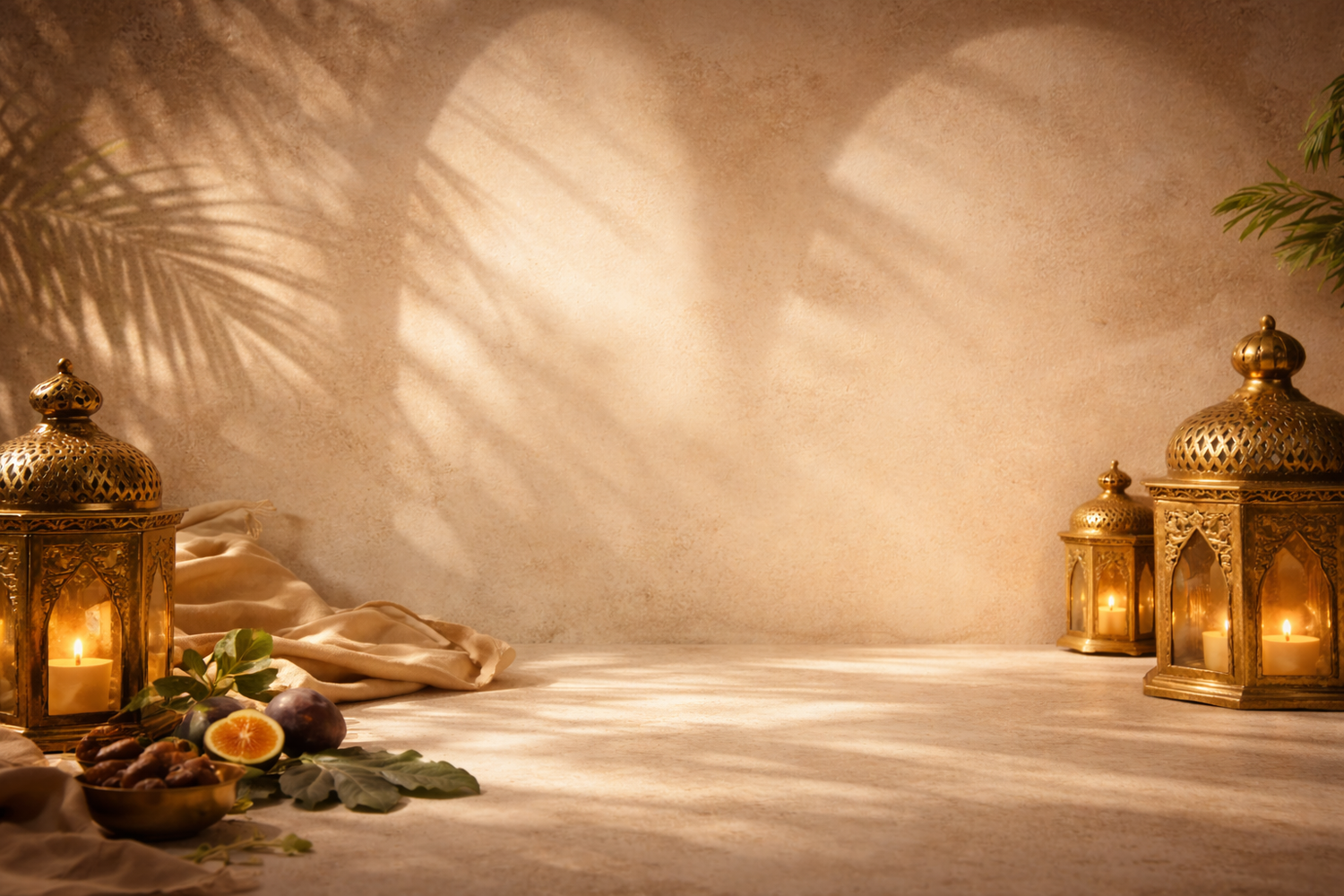 Univers oriental contemporain lumineux avec lanternes dorées, figues fraîches et lumière chaude, représentant l’identité luxe naturel du Figuier d’Orient.