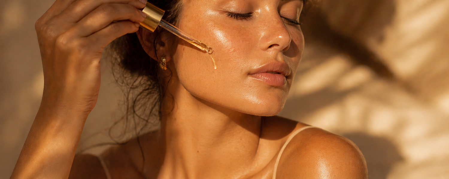 Application d’huile de pépins de figue de barbarie bio sur peau lumineuse au soleil, rituel de soin visage Le Figuier d’Orient
